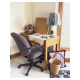 Wood Desk, Chair,  Rugs, Lamp, Needle Point