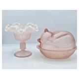 Fenton Compote, Indiana Glass Cat on Nest