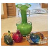 Art Glass Turtle, Green Swirl Vase, Tokkia Bird