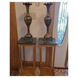 Pair Marble Top Plant Stands, 2 Brass Vases