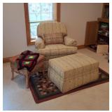 Ethan Allen Swivel Chair, Ottoman, Wicker Table