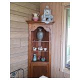 Oak Corner Cabinet, Vase, Pitcher, Figurines
