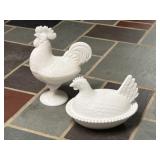 Milk Glass Hen on Nest, Rooster Candy Dish