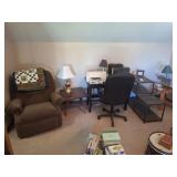 Recliner, Desk, Side Tables, Shelving, Lamps