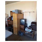 Desk, File Cabinets, Office Supplies, TVs