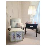 Wood End Table, Prints, Armchair, Lamp