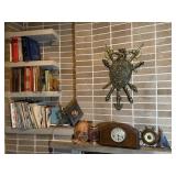 Vintage Mantle Clock, Brass Art Deco Lamp, Books