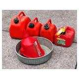 4 Gas Cans, Funnel, Drip Pan
