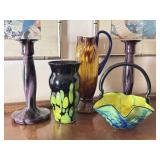 5 Czech Art Glass Pieces: Vases, Basket