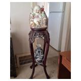 Laughing Buddha, Carved Wood Stand, Vase