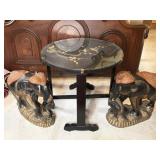 NOT RUG, Table, Statue, 2 Wood Carved Elephants