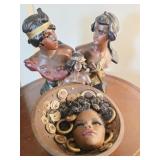 2 Chalkware Busts and Round Head Bowl