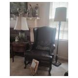Table, Lamps, Leather Wingback Chair