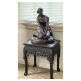 Plaster Joan of Arc Sculpture, Carved Wood Table