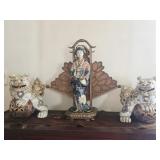Geisha Porcelain Figural Lamp, Pair of Foo Dogs
