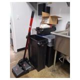 4 Trash Receptacles, Brooms, Dust Pans