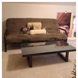 Futon with Mattress, Coffee Table, Decor