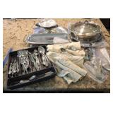 Silver Plate Trays, Candlesticks, Oneida Flatware