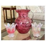 Fenton: Pair of 2 Way Votive Holders and Pitcher