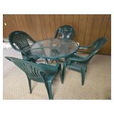 Patio Table, 4 Plastic Chairs