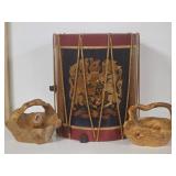 Vintage Burl Wood Carved Baskets, Drum End Table