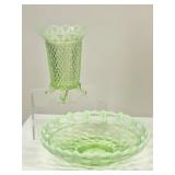 2 Uranium Glasses Lace Edge Pieces: Vase, Dish