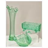 3 Uranium Glass: Log Dish, Swan & Swung Vase