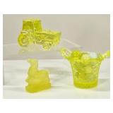 Yellow Uranium Glass: Satin Horse, Tractor, Basket