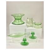8 Uranium Glass: Federal, Candlesticks & Bowls