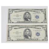 Two $5 Silver Certificates, 1953 A & B, Blue Seal