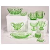 12 Uranium Glass: Bowl, Pickle Dish, Goblet