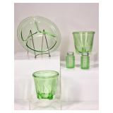 5 Uranium Glass: Divided Plate, Measuring Cups