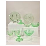 9 Uranium Glass: Candlesticks, Cream & Sugar