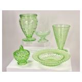 5 Uranium Glass: Hobnail, Candy Dish & Vases