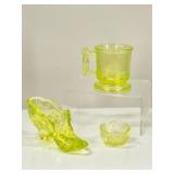 Uranium Glass: Peacock Cup, Shoe, Tulip
