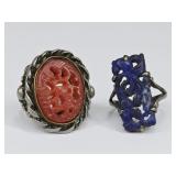 2 Art Deco Stone Carved Rings: Lapis & Carnelian
