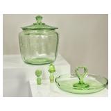 4 Uranium Glass: Stoppers, Hocking Cookie Jar