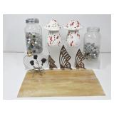 Ceramic Mushrooms, Glass Rocks, Brass Butterflies