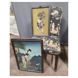 Asian Accent Chair & Paintings w/ Antique Frames