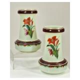 2 Uranium Glass Hand-Painted Bristol Vases