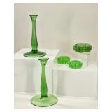 5 Uranium Glass: Floral Frogs, Candlesticks