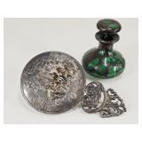 Art Nouveau Glass Perfume Bottle w/ Silver Overlay