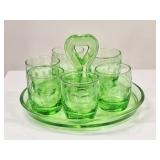 Uranium Glass Tray with 6 Etched Shot Glasses
