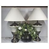 Pair of Lamps, Wire Baskets, Floral Decor, Prints