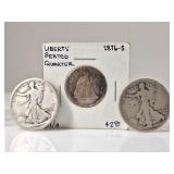1876 S Seated Liberty Quarter & 2 Walking Liberty