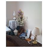 Table, Lamps, Linens, Picture Easel, Faux Dogwood