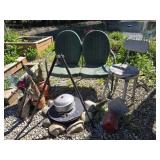 Vintage Metal Settee, Cook Tripod, Metal Stool