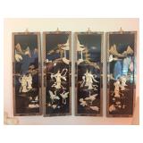 4 Vintage Asian Black Lacquer Wall Panels