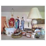 Vintage Asian Dolls, Lamps, Tea Set, Prints