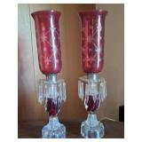 2 Victorian Style Cranberry Glass Hurricane Lamps